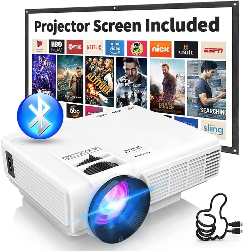 Mini Projector with Bluetooth and Projector Screen, Full HD 1080P Portable Video Projector, Home Movie Projector Compatible with HDMI,USB,Smartphone