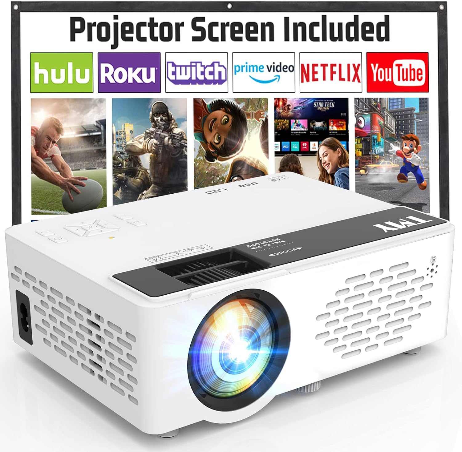 TMY Mini Projector, Upgraded Bluetooth Projector with Screen, 1080P Full HD Portable Projector, Movie Projector Compatible with TV Stick Smartphone/HDMI/USB/AV, indoor & outdoor use